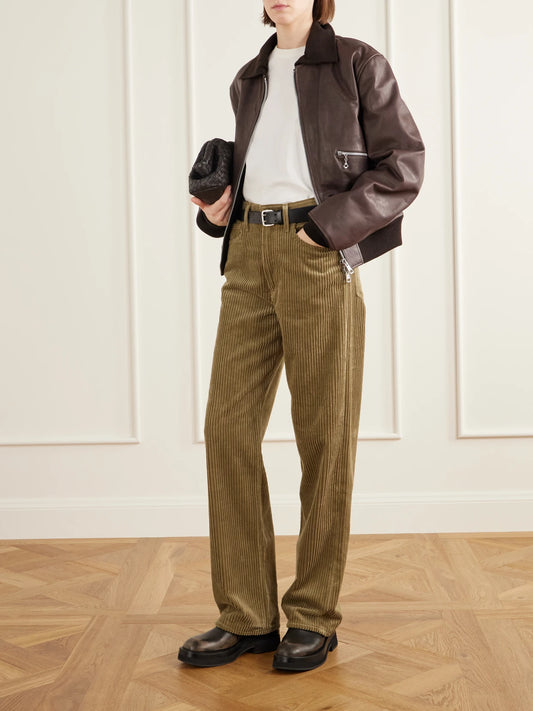 Image of a model wearing Pants. Product name - Vintage Loose Cotton-corduroy Straight-leg Pants in Taupe colour by brand - AGOLDE