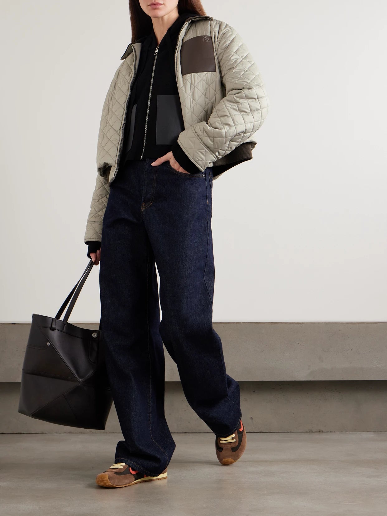 Image of Coats & Jackets. Product name - Corduroy- And Leather-trimmed Quilted Shell Jacket in Gray colour by brand - LOEWE