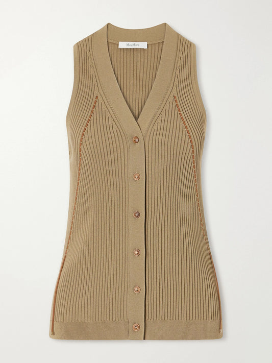 Image of a model wearing Tops. Product name - Lace-detailed Ribbed Cotton-blend Vest in Taupe colour by brand - Max Mara