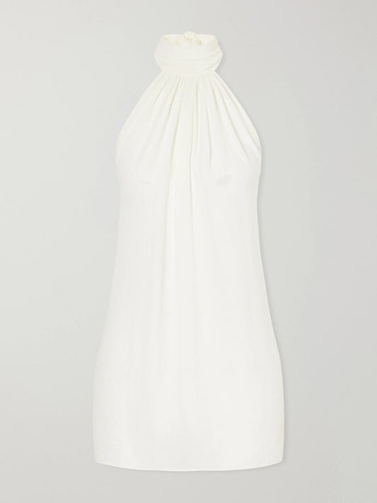Image of Dresses. Product name - Ibiza Halterneck Knotted Gathered Crepon Mini Dress in White colour by brand - Away That Day