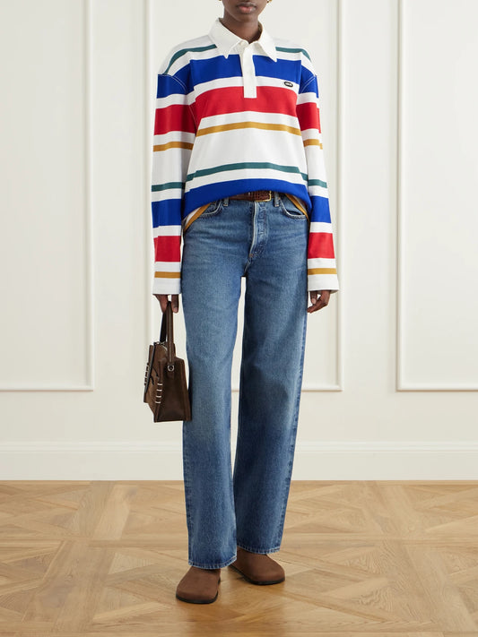 Image of a model wearing Outerwear. Product name - Logo-appliquéd Striped Cotton-jersey Polo Shirt in Multi colour by brand - AMI PARIS