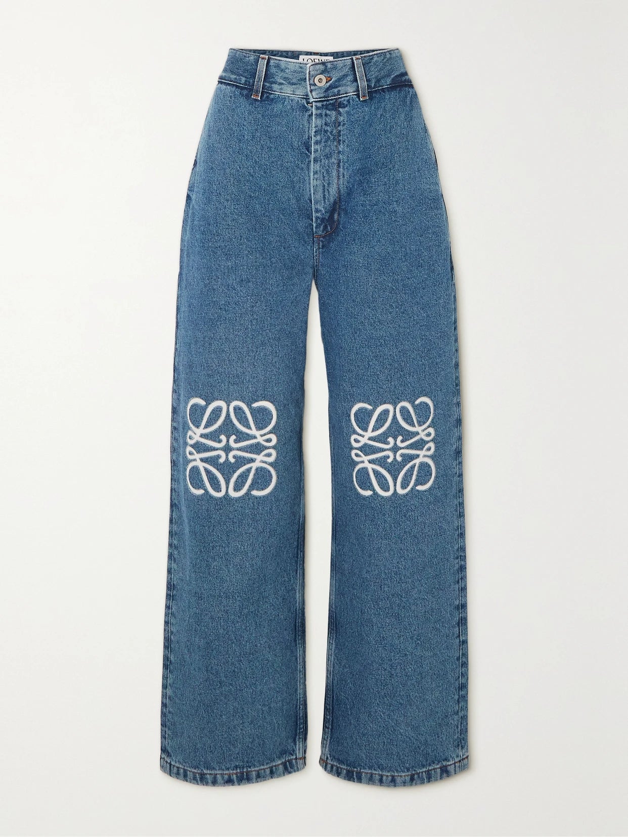 Image of Jeans. Product name - Anagram Appliquéd High-rise Wide-leg Jeans in Mid denim colour by brand - LOEWE