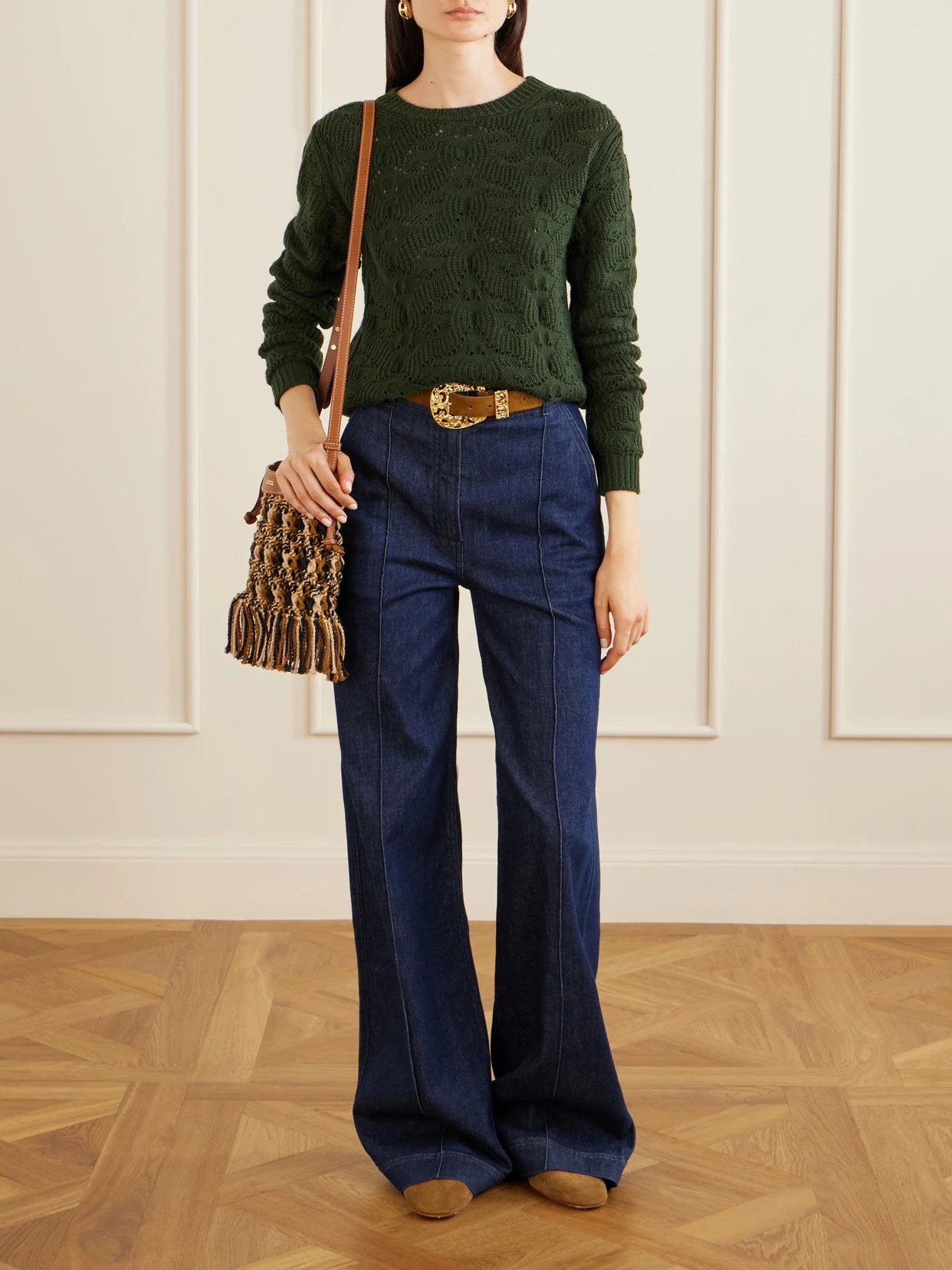 Image of a model wearing Outerwear. Product name - Wool-blend Sweater in Dark green colour by brand - Etro