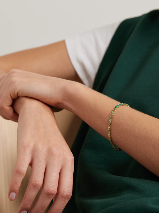 Image of Bracelets. Product name - 18-karat Gold Emerald Tennis Bracelet in Multi colour by brand - Jennifer Meyer