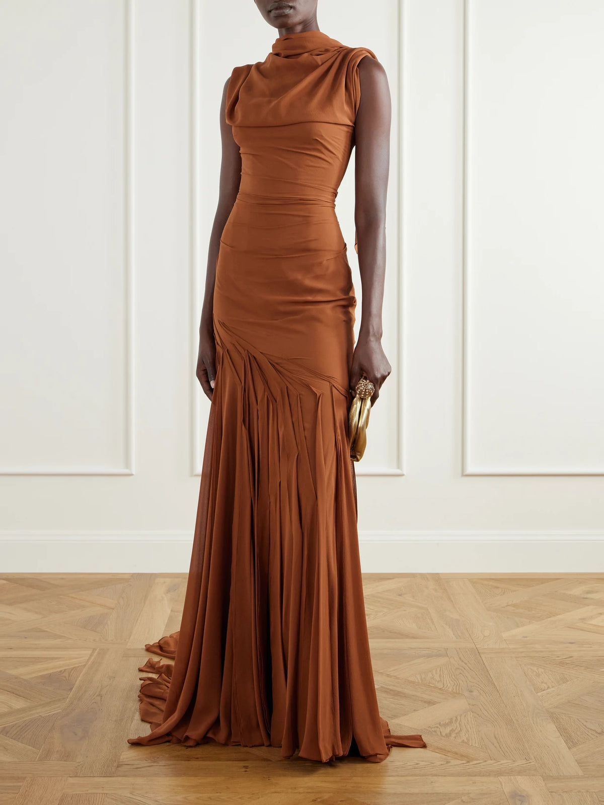 Image of Dresses. Product name - Scarf-detailed Georgette Gown in Copper colour by brand - Marmar Halim