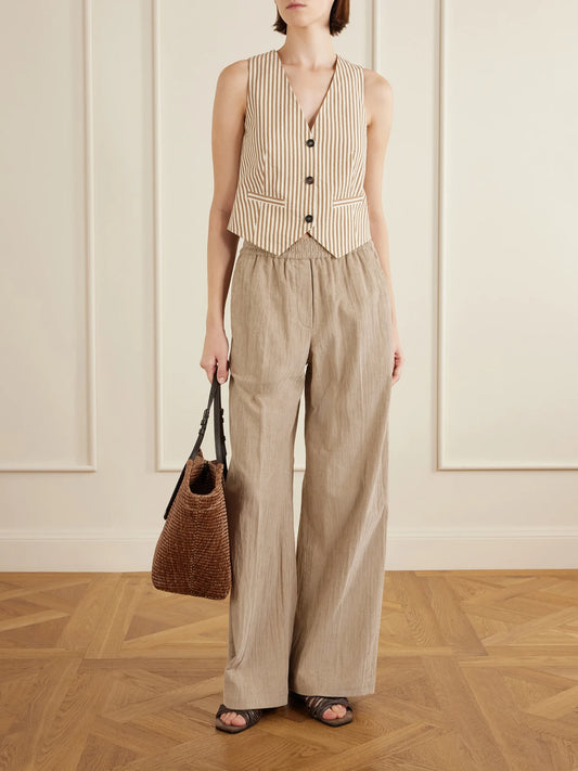 Image of Coats & Jackets. Product name - Striped Cotton-blend Seersucker Vest in Beige colour by brand - Brunello Cucinelli