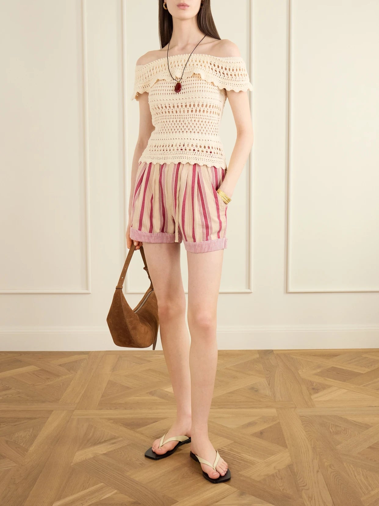 Image of a model wearing Tops. Product name - Zaelle Crocheted Cotton-blend Top in Ecru colour by brand - MARANT ÉTOILE