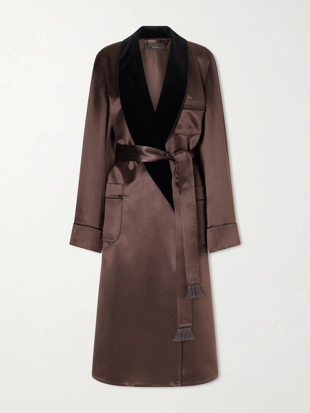 TOM FORD Belted Velvet-trimmed Silk-satin Coat