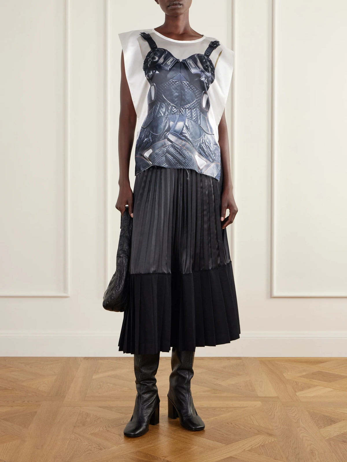 Image of a model wearing Tops. Product name - Deconstructed Printed Twill Top in Multi colour by brand - Junya Watanabe