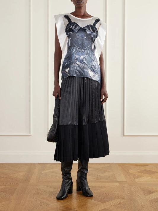 Image of a model wearing Tops. Product name - Deconstructed Printed Twill Top in Multi colour by brand - Junya Watanabe