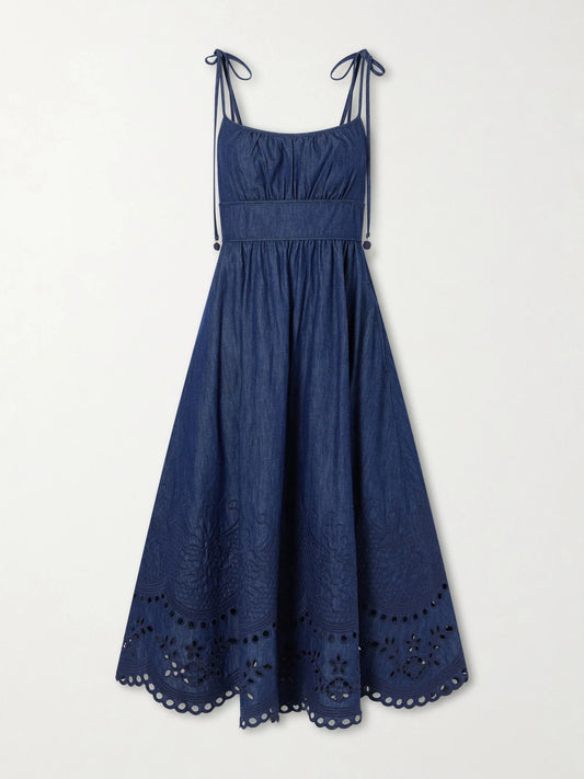 Image of Dresses. Product name - Mahon Broderie Anglaise Cotton-denim Midi Dress in Blue colour by brand - Zimmermann