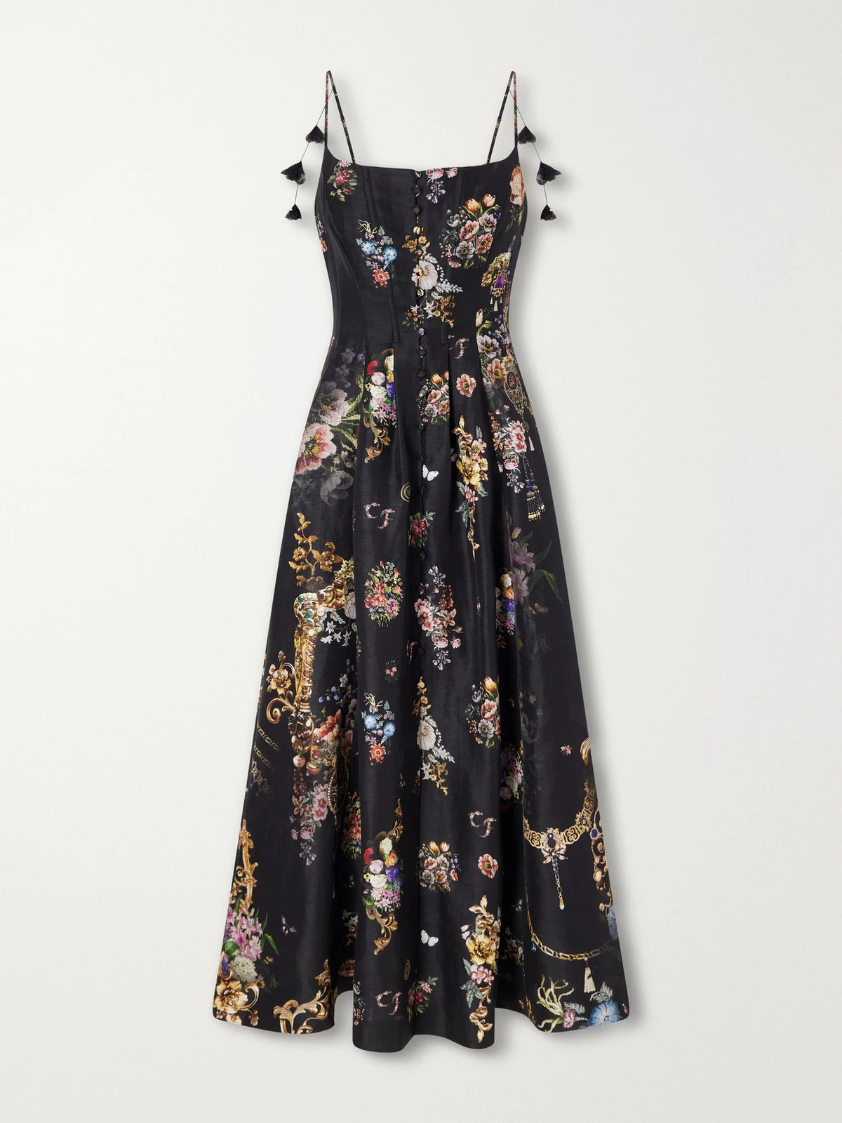 Camilla Flamenco Folklore Floral-print Linen And Silk-blend Dupioni Midi Dress