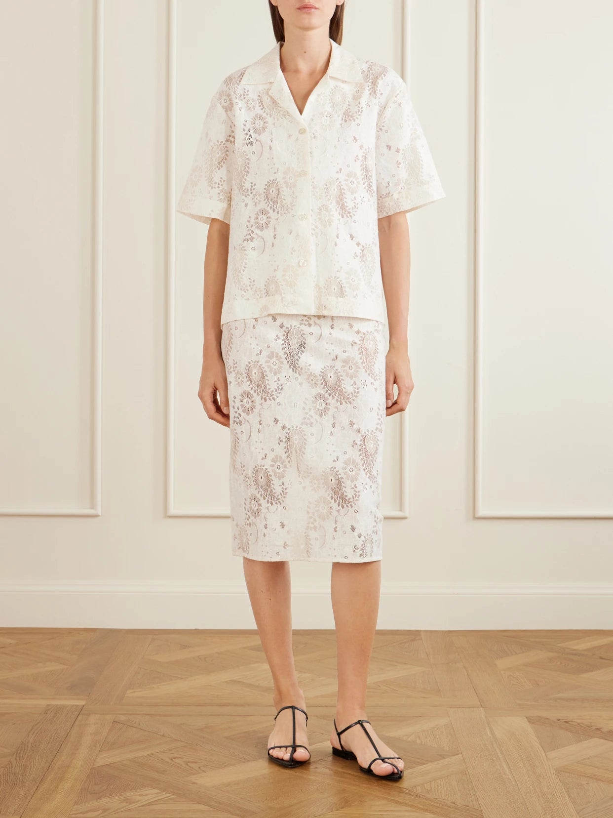 Image of a model wearing Tops. Product name - Embroidered Linen-blend Lace Shirt in Cream colour by brand - RÓHE