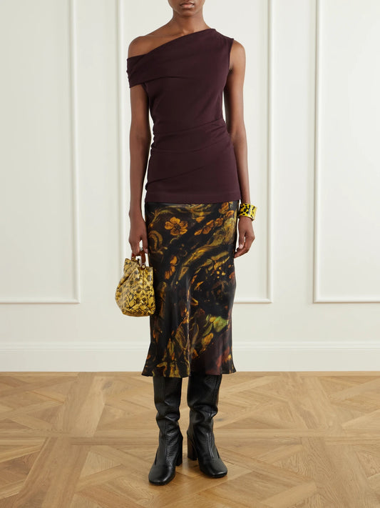 Image of a model wearing Tops. Product name - Ruched Cotton-jersey Blouse in Burgundy, Gray colour by brand - Dries Van Noten
