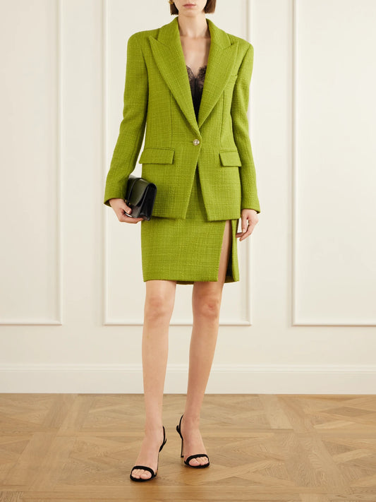 Image of Coats & Jackets. Product name - Bouclé-tweed Wool-blend Jacket in Green colour by brand - Balmain