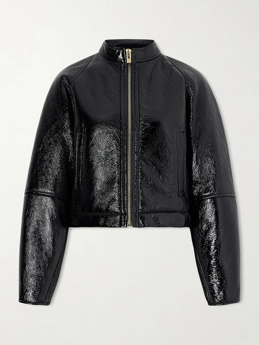 Image of Coats & Jackets. Product name - Cropped Shearling Bomber Jacket in Black colour by brand - Alaïa