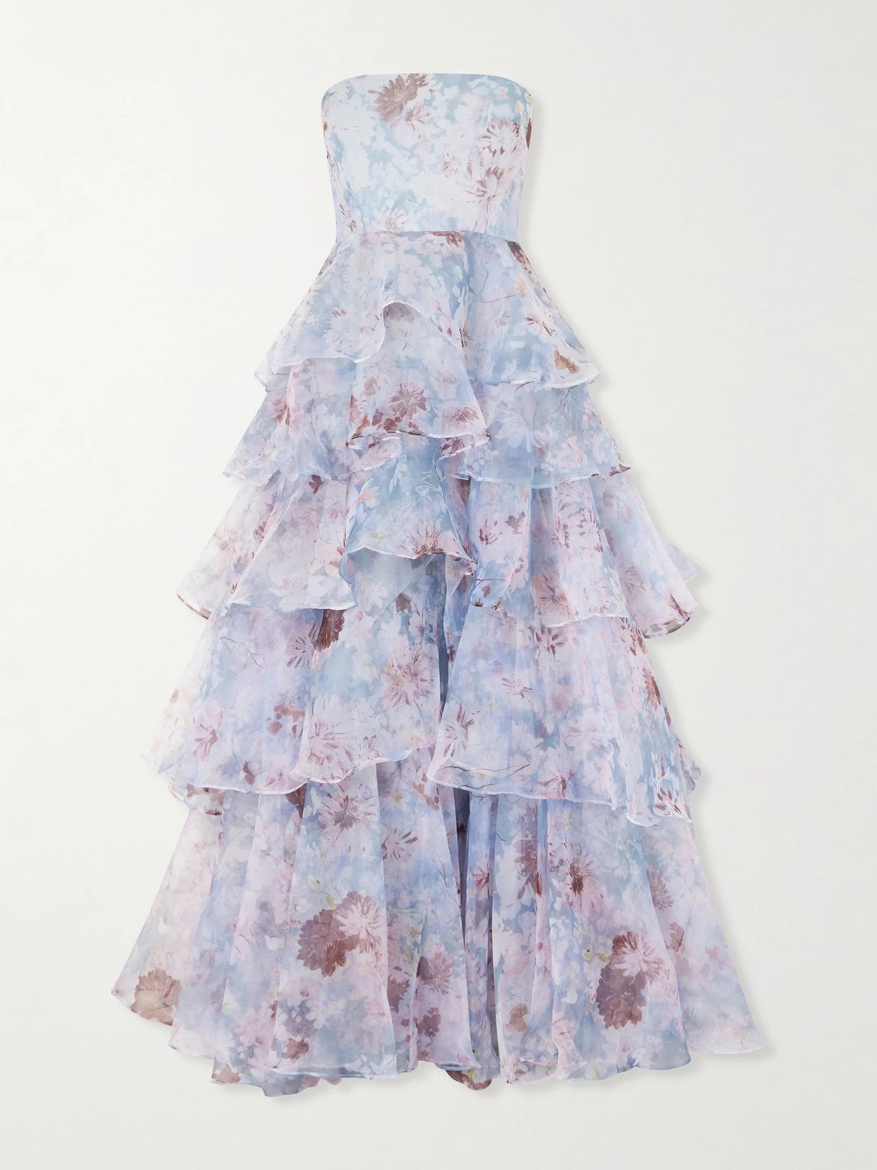 Image of Dresses. Product name - Gabrielle Strapless Tiered Ruffled Floral-print Linen-blend Organza Gown in Violet colour by brand - Aje