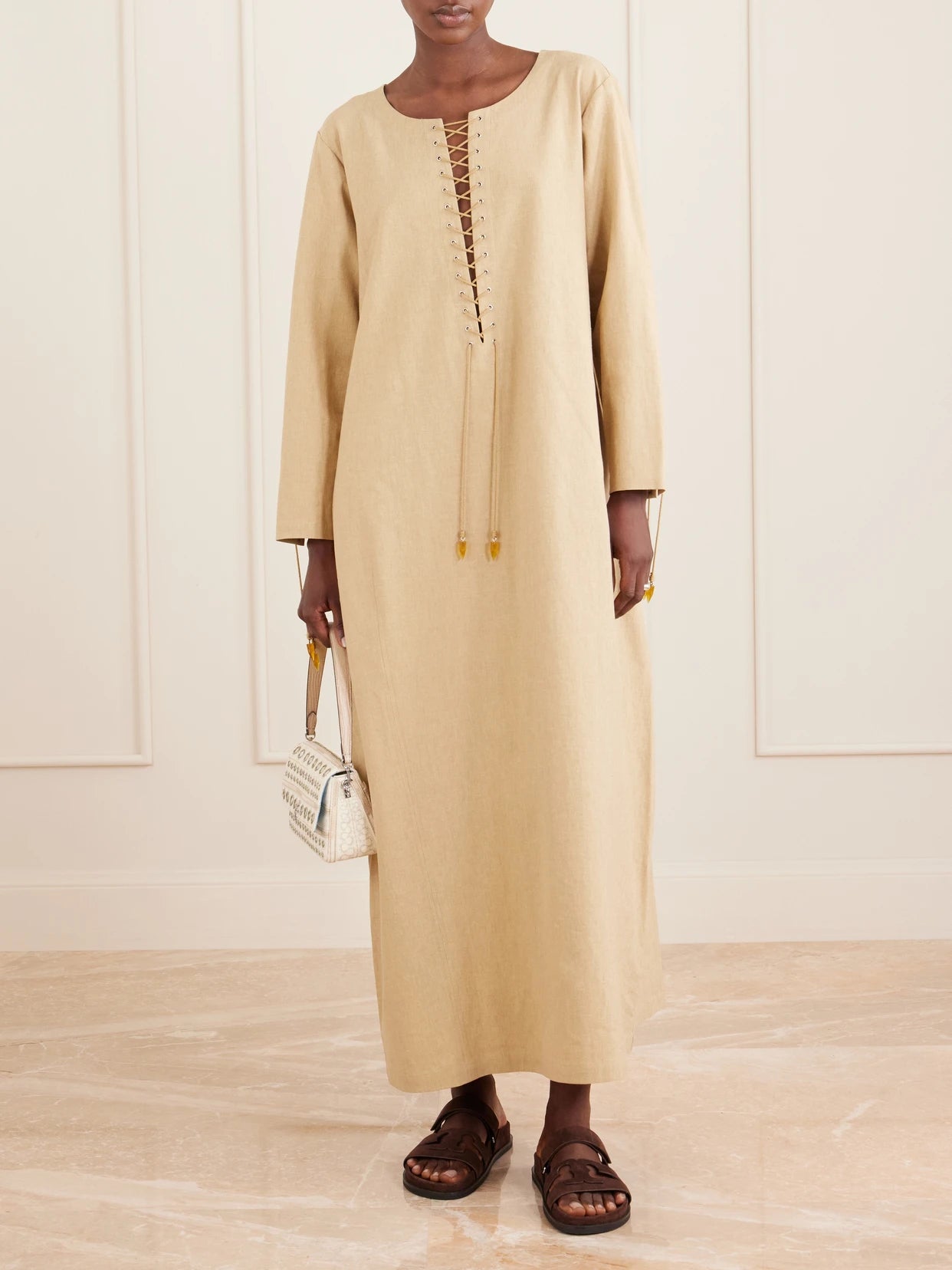 Image of Dresses. Product name - Lace-up Linen-blend Kaftan in Sand colour by brand - Tory Burch