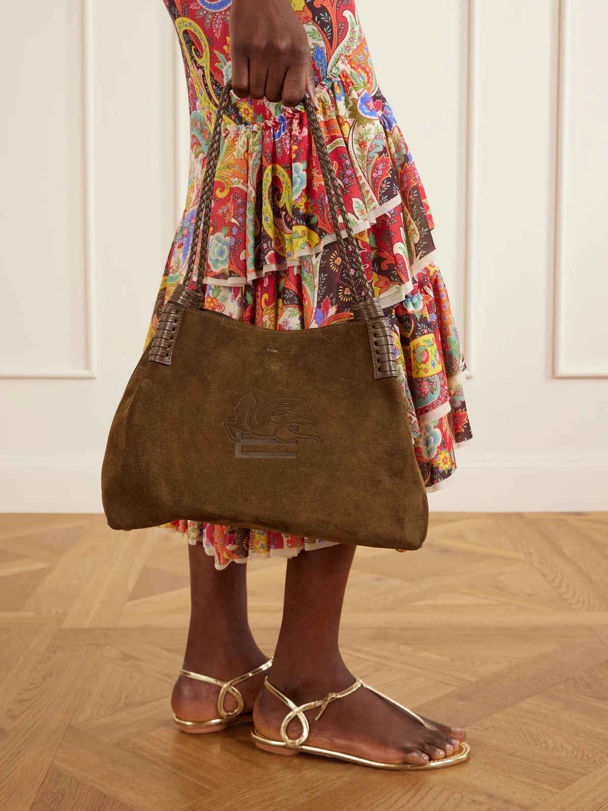 Image of Bags. Product name - Libra Logo-debossed Leather-trimmed Suede Tote in Dark green colour by brand - Etro