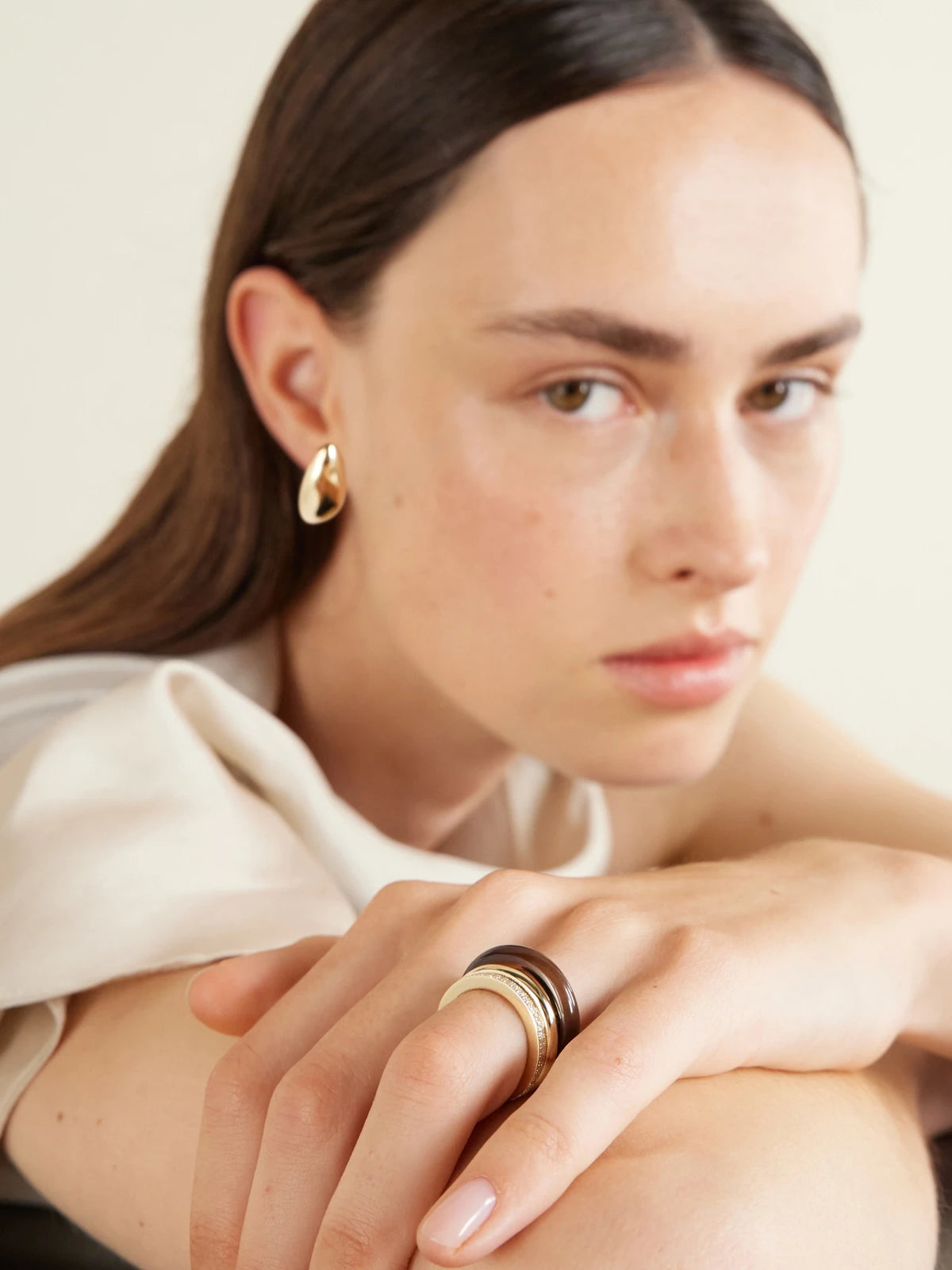 Image of Rings. Product name - Set Of Three 14-karat Gold, Diamond And Smokey Quartz Rings in Brown colour by brand - By Pariah