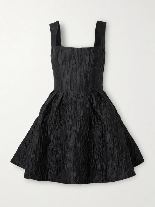 Image of Dresses. Product name - Dreams Cloqué Mini Dress in Black colour by brand - Rebecca Vallance