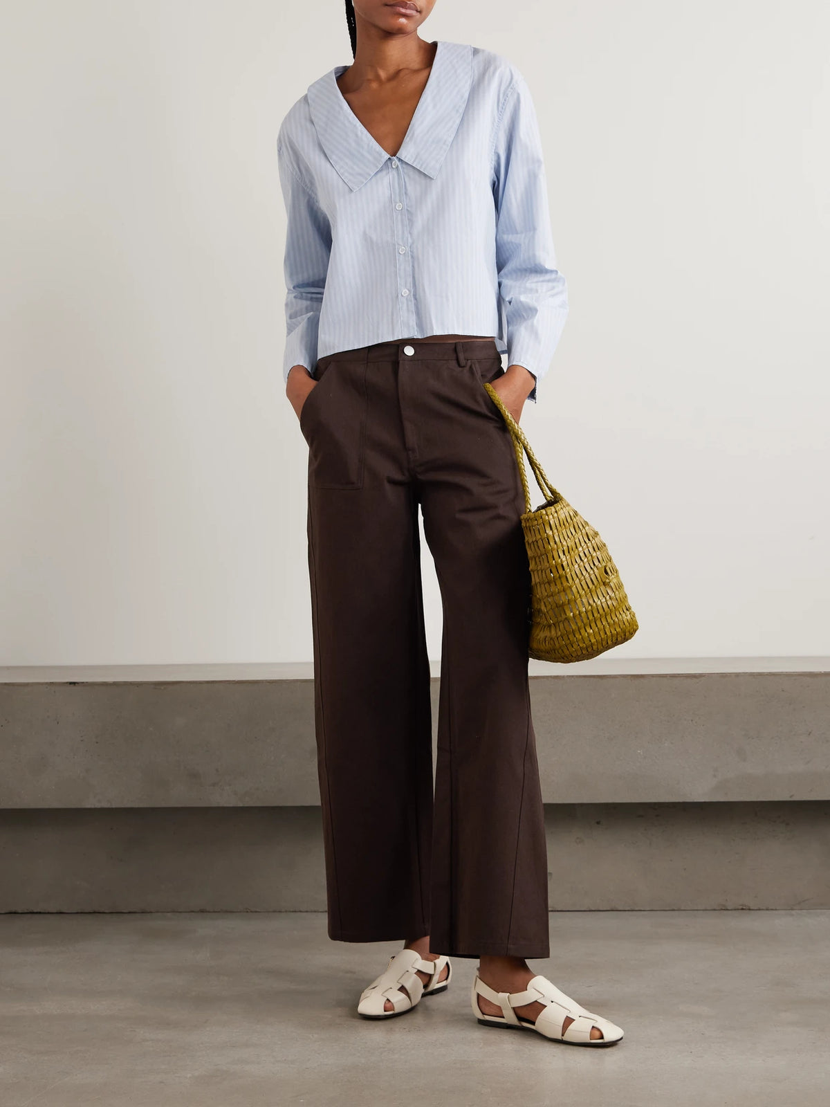 Image of Jeans. Product name - Pocket Organic Wide-leg Jeans in Dark brown colour by brand - Deiji Studios