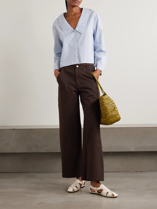 Image of Jeans. Product name - Pocket Organic Wide-leg Jeans in Dark brown colour by brand - Deiji Studios