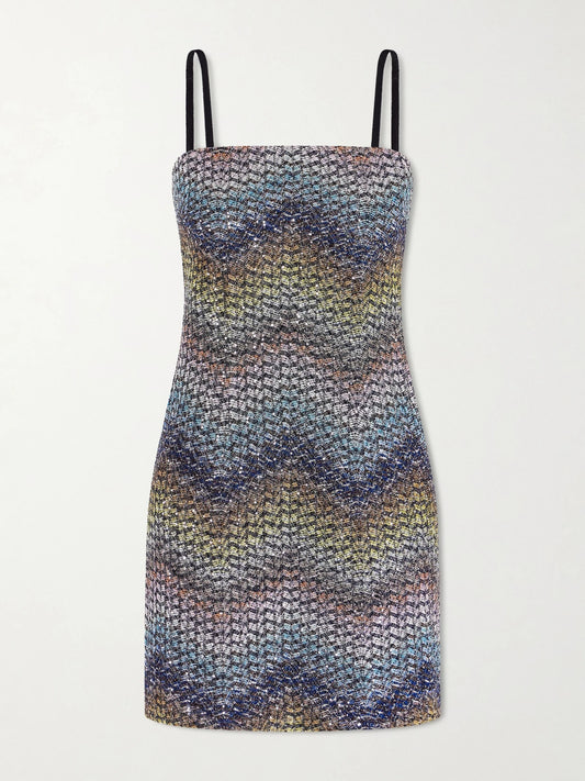 Image of Dresses. Product name - Sequin-embellished Metallic Crochet-knit Mini Dress in Blue colour by brand - Missoni