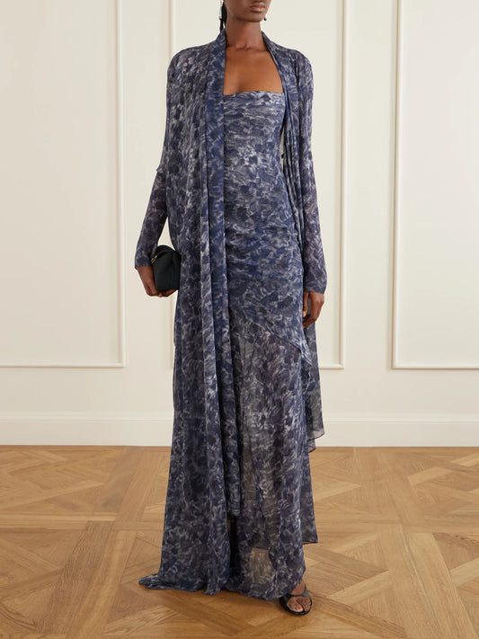 Image of a model wearing Tops. Product name - Meena Printed Silk-chiffon Blouse in Navy colour by brand - Cortana