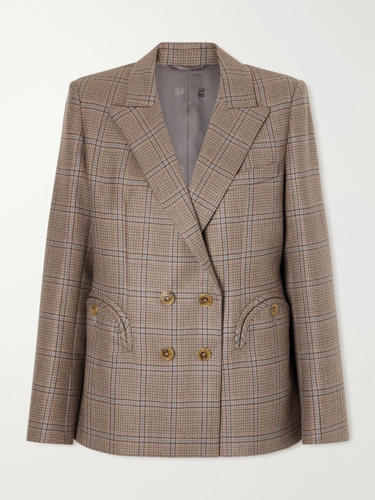 Image of Coats & Jackets. Product name - Saona Charmer Double-breasted Checked Virgin Wool Blazer in Beige colour by brand - BLAZÉ Milano