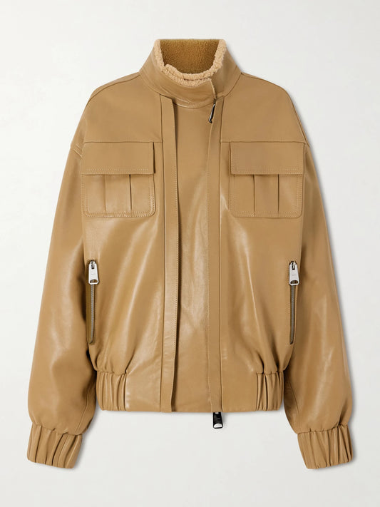 Image of Coats & Jackets. Product name - Malone Shearling Bomber Jacket in Beige colour by brand - KHAITE