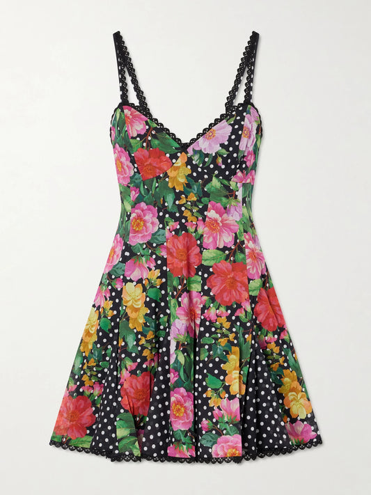 Image of Dresses. Product name - Rosela Floral-print Cotton-blend Mini Dress in Pink colour by brand - Charo Ruiz