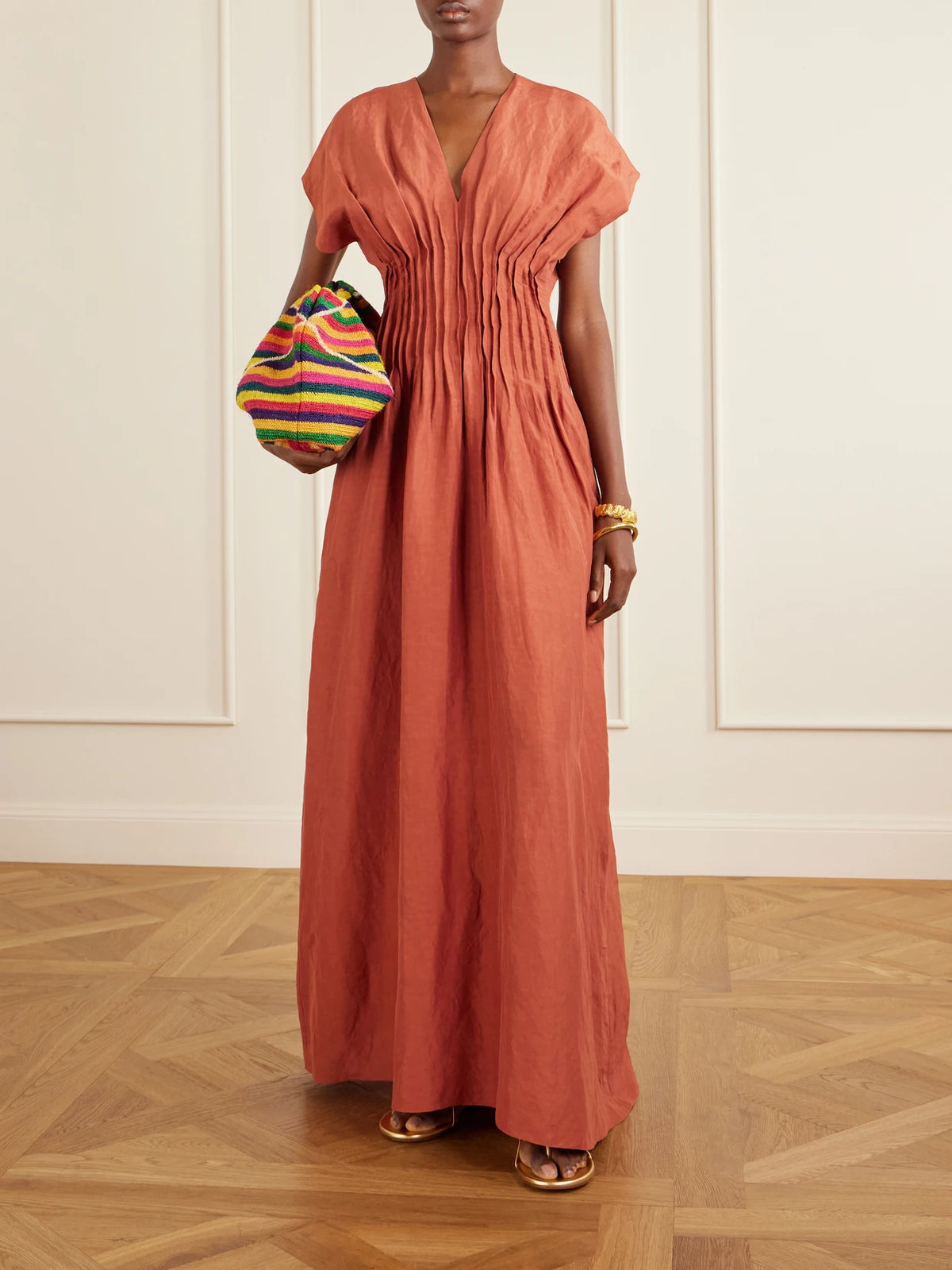 Image of Dresses. Product name - Elena Gathered Woven Maxi Dress in Orange colour by brand - Cortana