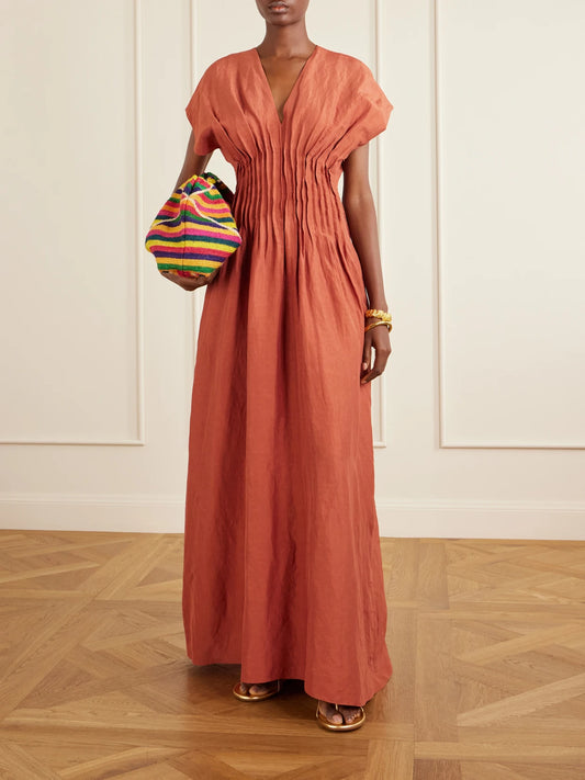 Image of Dresses. Product name - Elena Gathered Woven Maxi Dress in Orange colour by brand - Cortana