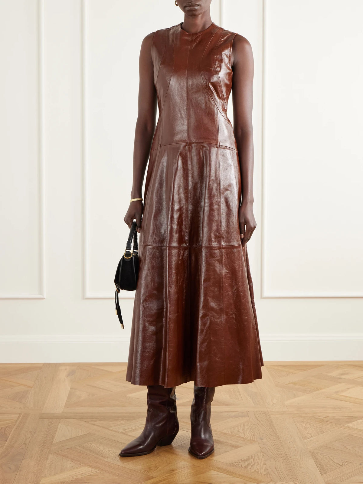 Image of Dresses. Product name - Juliette Paneled Patent-leather Midi Dress in Brown colour by brand - Ulla Johnson