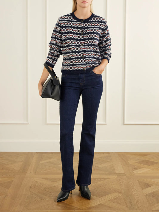 Image of a model wearing Outerwear. Product name - The Cashmere Cardi Intarsia Wool And Cashmere-blend Cardigan in Navy colour by brand - FRAME
