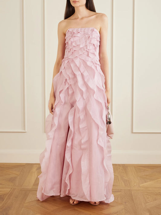 Image of Dresses. Product name - Allairie Strapless Ruffled Shirred Faille Gown in Pink colour by brand - Aje