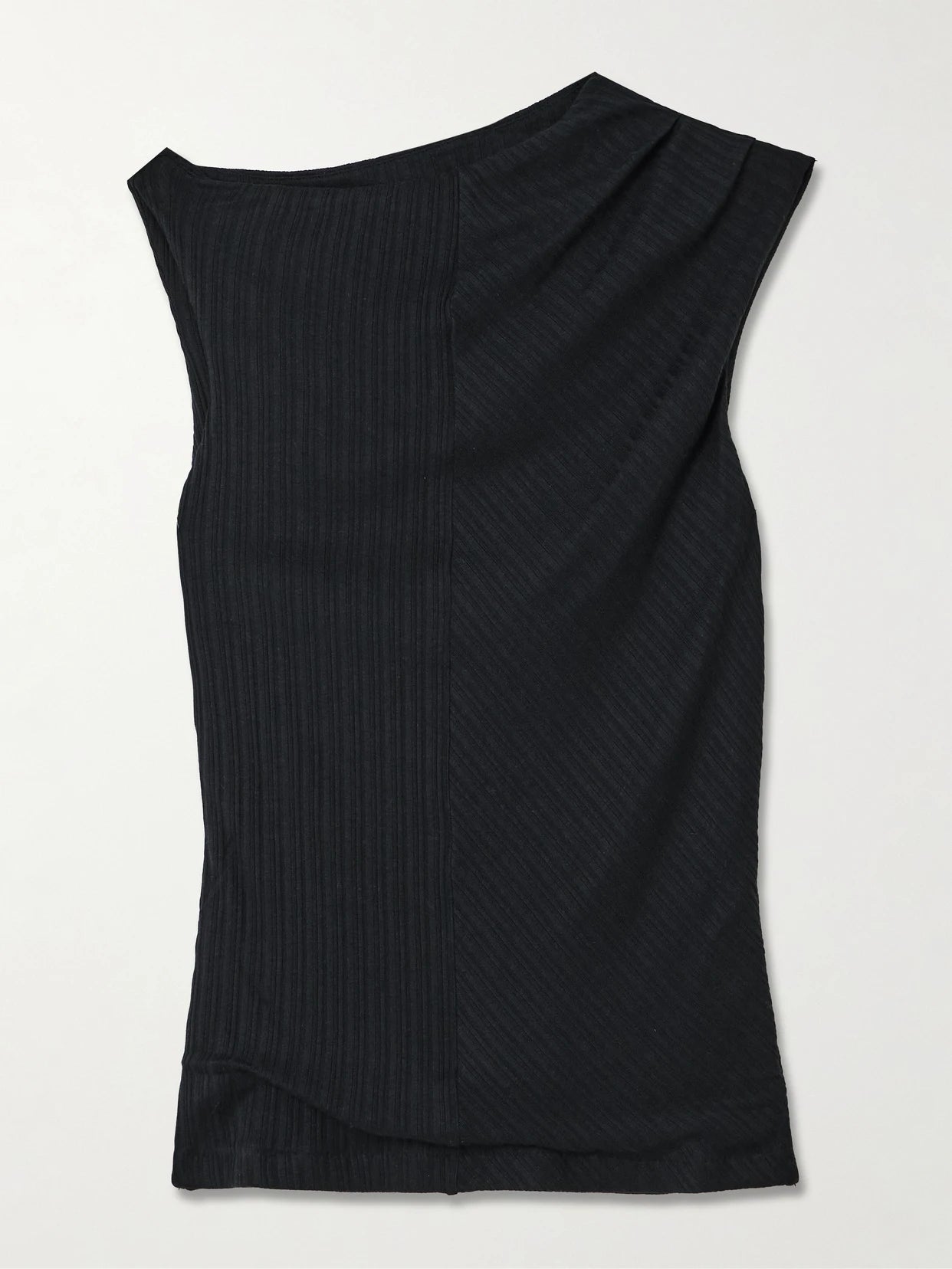 Image of a model wearing Tops. Product name - Toga Draped Ribbed Organic Cotton And Modal-blend Top in Black colour by brand - RÙADH