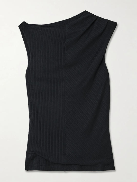 Image of a model wearing Tops. Product name - Toga Draped Ribbed Organic Cotton And Modal-blend Top in Black colour by brand - RÙADH