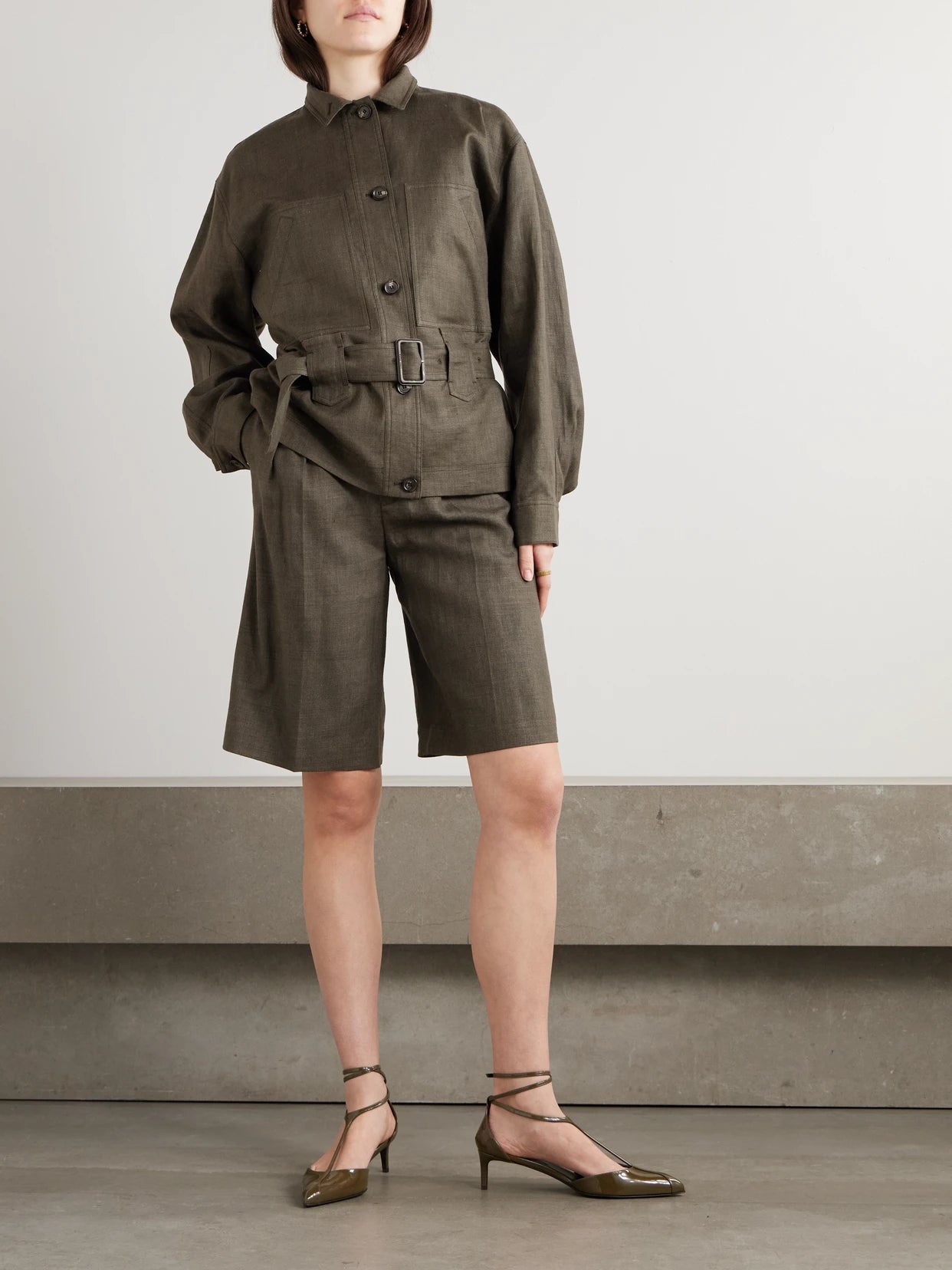 Image of Coats & Jackets. Product name - Jaylon Belted Linen And Wool-blend Jacket in Dark green colour by brand - Loro Piana