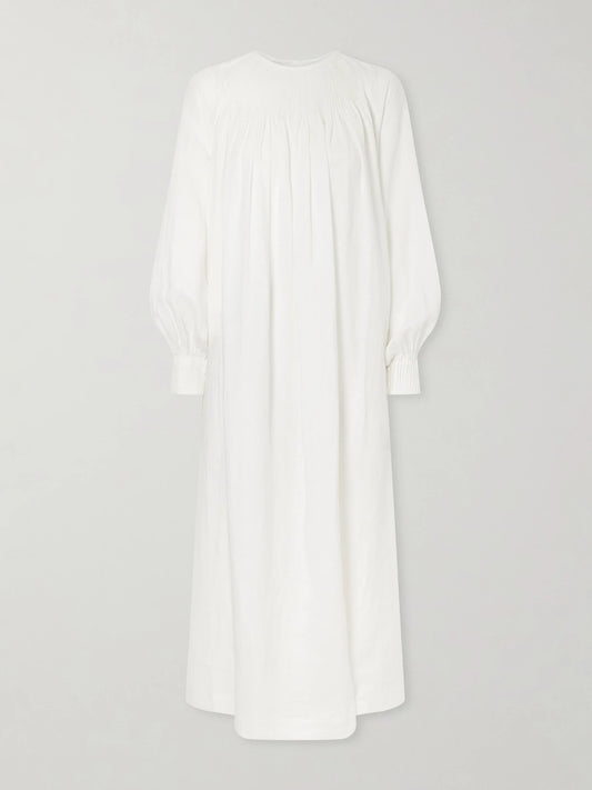 Image of Dresses. Product name - Robe De Nuit Open-back Gathered Linen Maxi Dress in White colour by brand - Les Vacances D'Irina