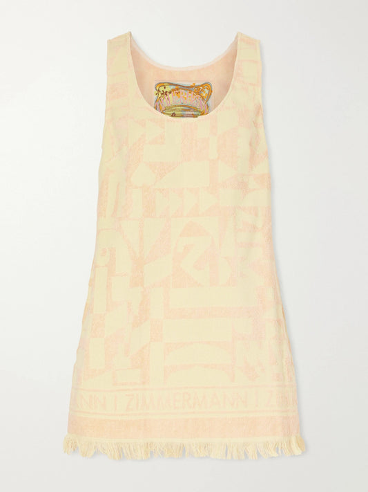 Image of Dresses. Product name - Solstice Logo-jacquard Fringed Cotton-terry Mini Dress in Yellow colour by brand - Zimmermann