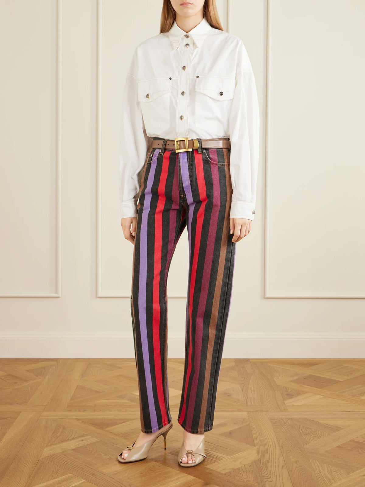 Image of a model wearing Tops. Product name - Cotton-poplin Shirt in White colour by brand - Versace