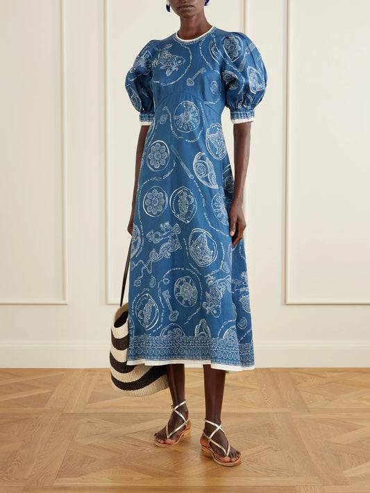 Image of Dresses. Product name - Lucky Printed Linen Midi Dress in Blue colour by brand - ALÉMAIS
