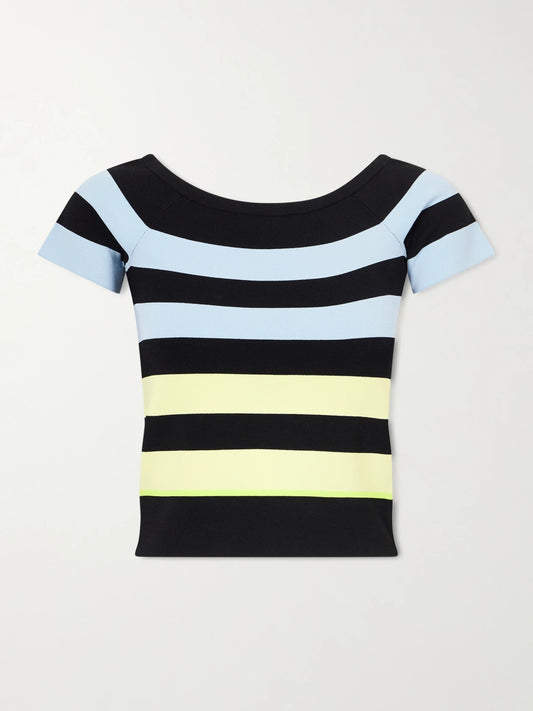 Image of a model wearing Tops. Product name - Off-shoulder Striped Jersey Top in Multi colour by brand - Christopher John Rogers