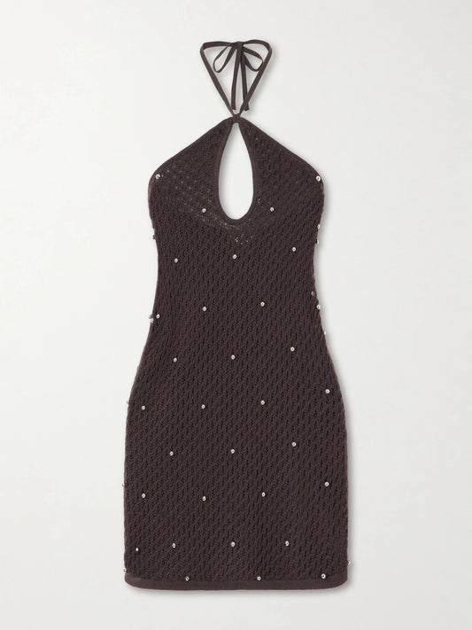 Image of Dresses. Product name - Isola Embellished Crocheted Cotton Halterneck Mini Dress in Dark brown colour by brand - STAUD