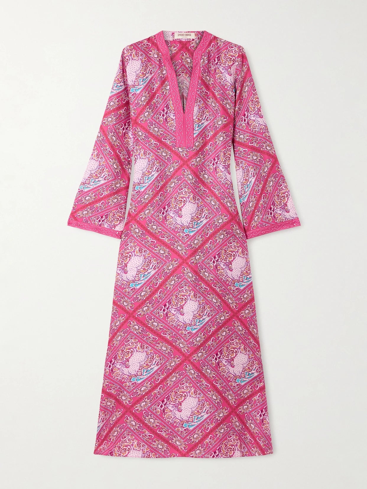 Image of Dresses. Product name - Jenna Printed Silk Kaftan in Pink colour by brand - Emporio Sirenuse