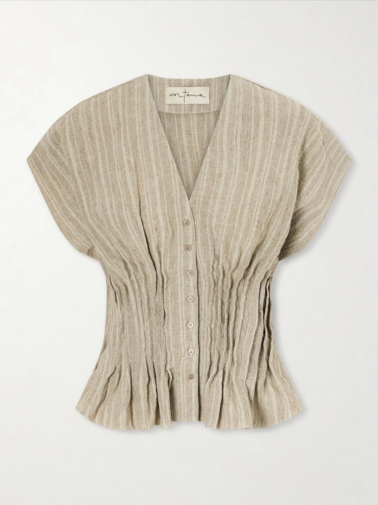Image of a model wearing Tops. Product name - Camila Gathered Linen Top in Green colour by brand - Cortana