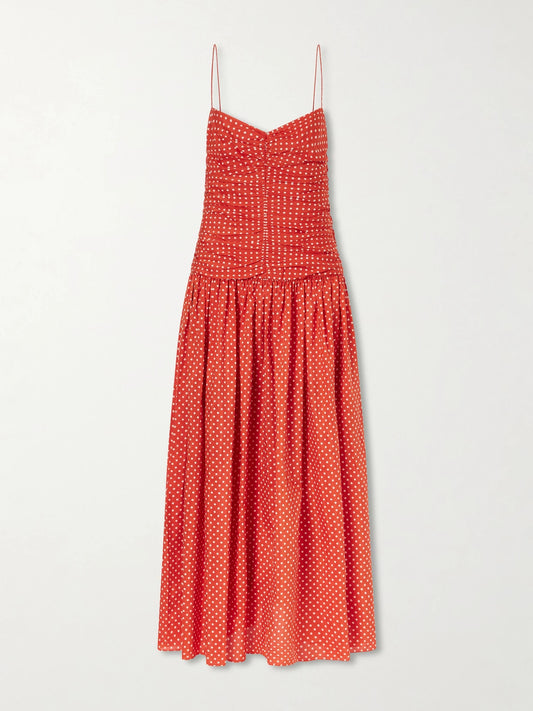 Image of Dresses. Product name - Gathered Polka-dot Organic Cotton And Silk-blend Midi Dress in Multi colour by brand - Matteau