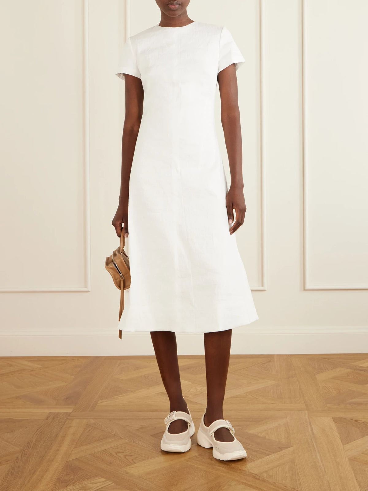 Image of Sneakers. Product name - Viv On The Run Embellished Leather-trimmed Mesh Mary Jane Sneakers in Neutral colour by brand - Roger Vivier